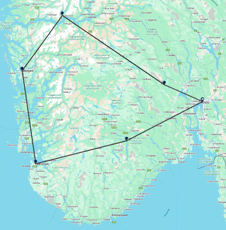Fly and drive - Route we traveled (1320 kms).
